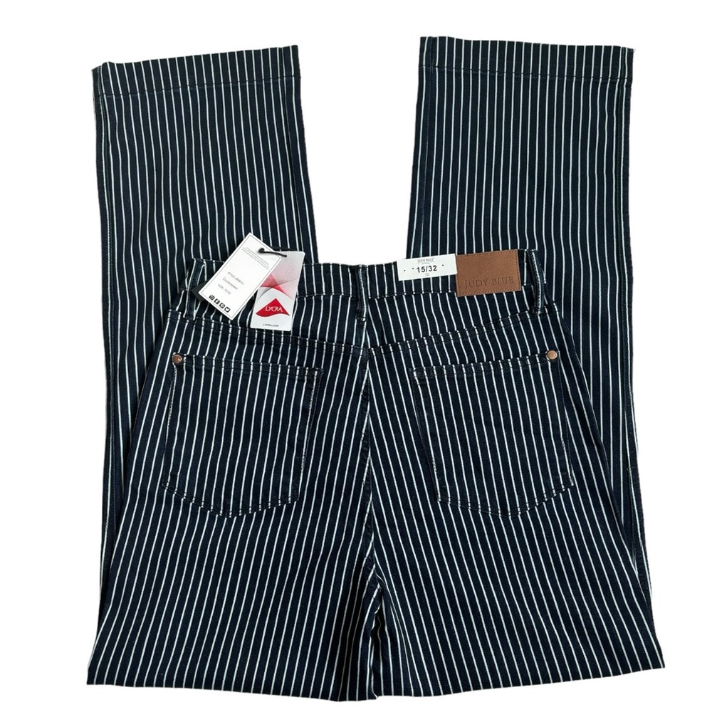 Judy Blue Tummy Control Striped Blue White Straight Leg Jeans Size 15/32 - Picture 4 of 17
